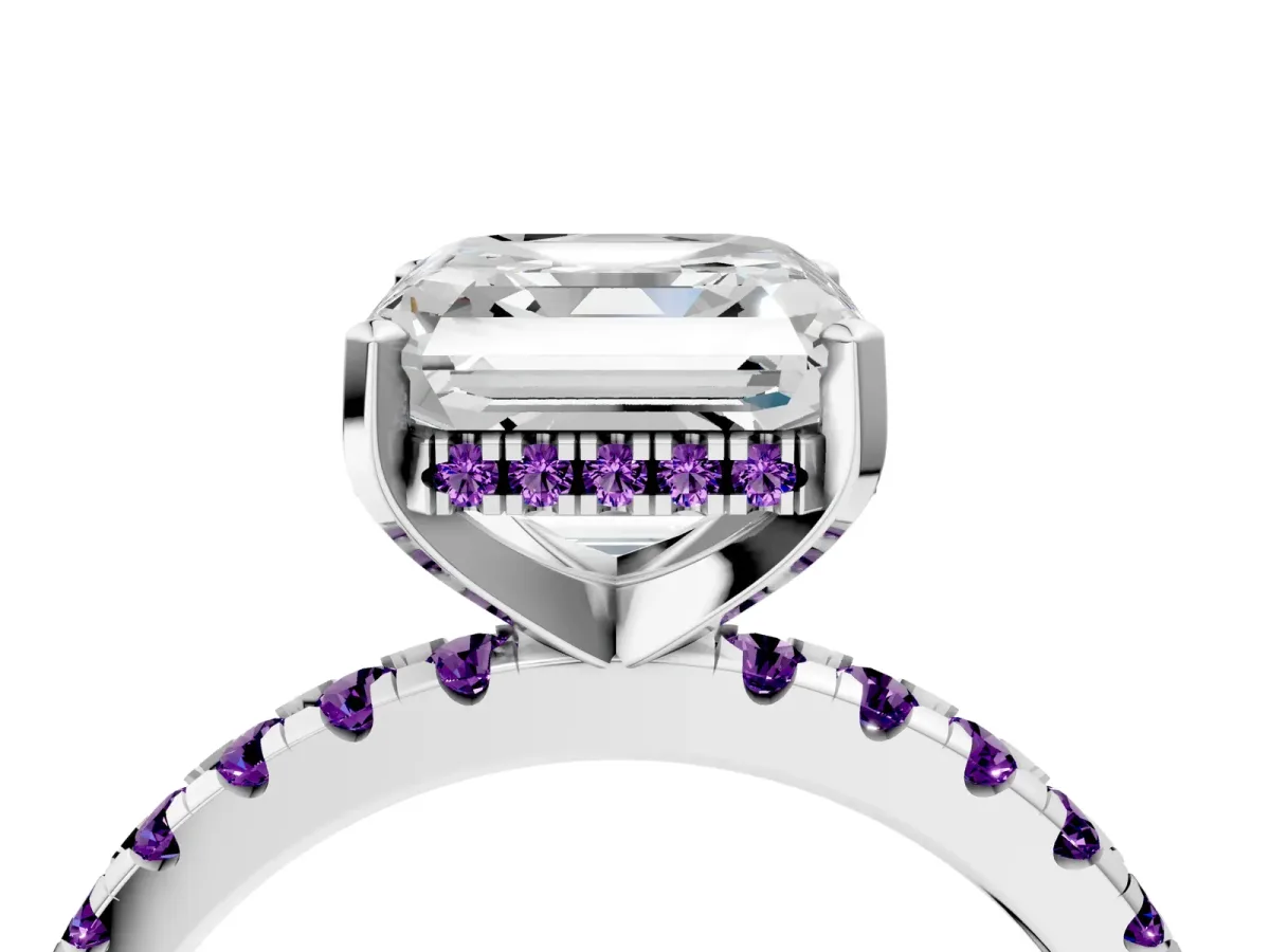 Asscher Cut Diamond Solitaire Ring with Round Amethyst Pavé Band and Four-Prong Setting Silver