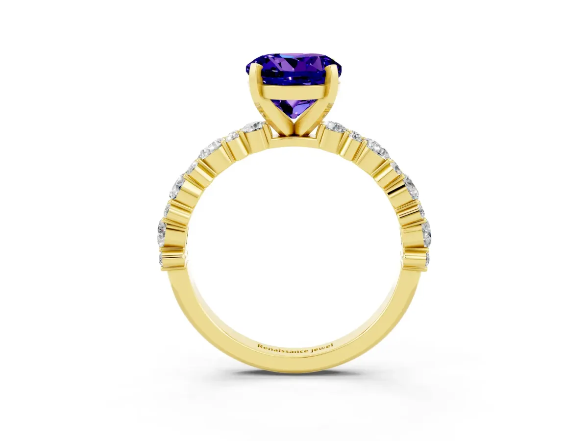 Round Cut Tanzanite Side Stone Solitaire Ring with Round and Four-Prong Setting Yellow gold