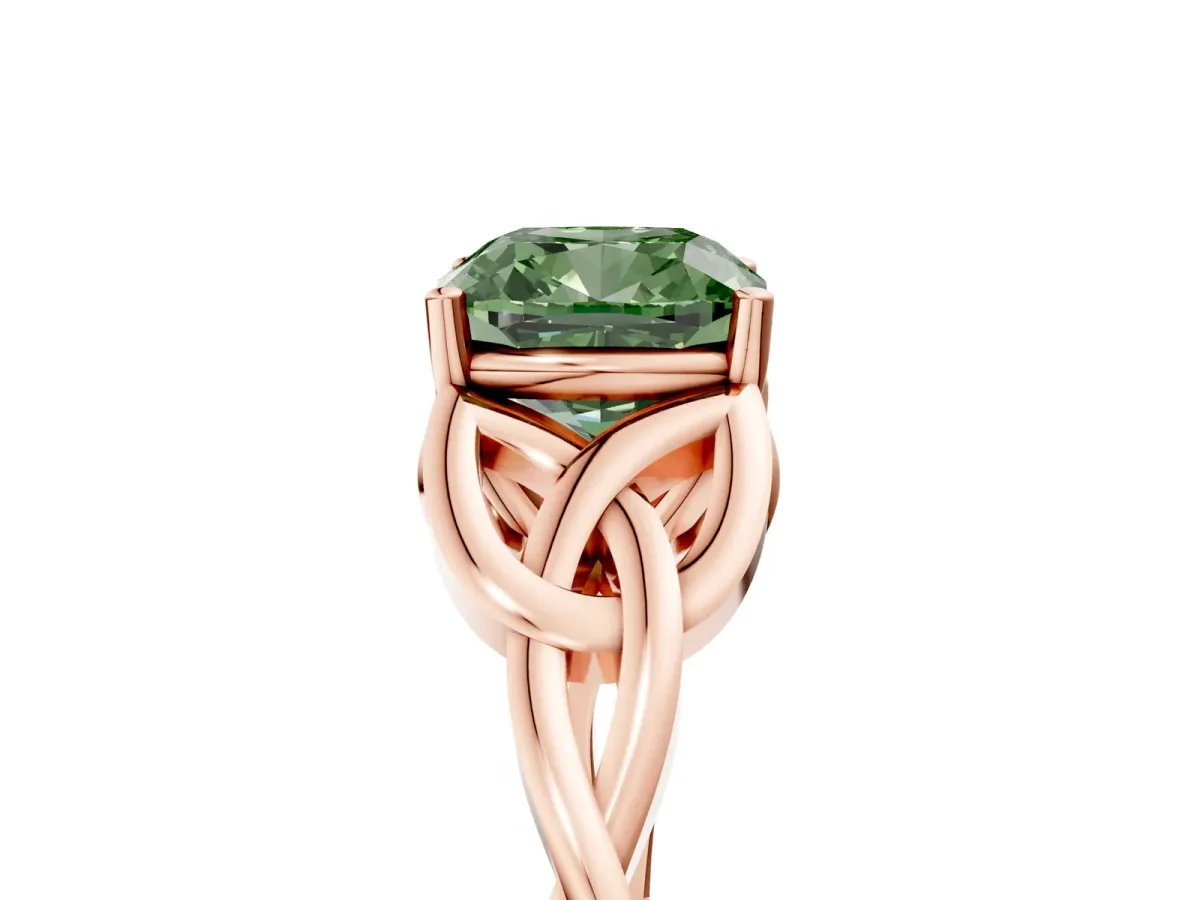 Fancy Green Cushion Cut Diamond Solitaire Celtic Knot Ring with Four-Prong Setting Rose gold