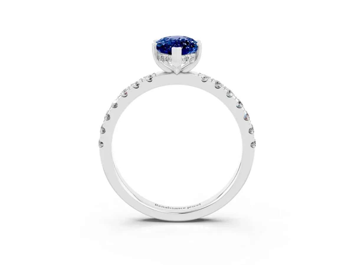 Marquise Cut Blue Sapphire Pave Band Solitaire Ring with Round and Prong Setting Silver