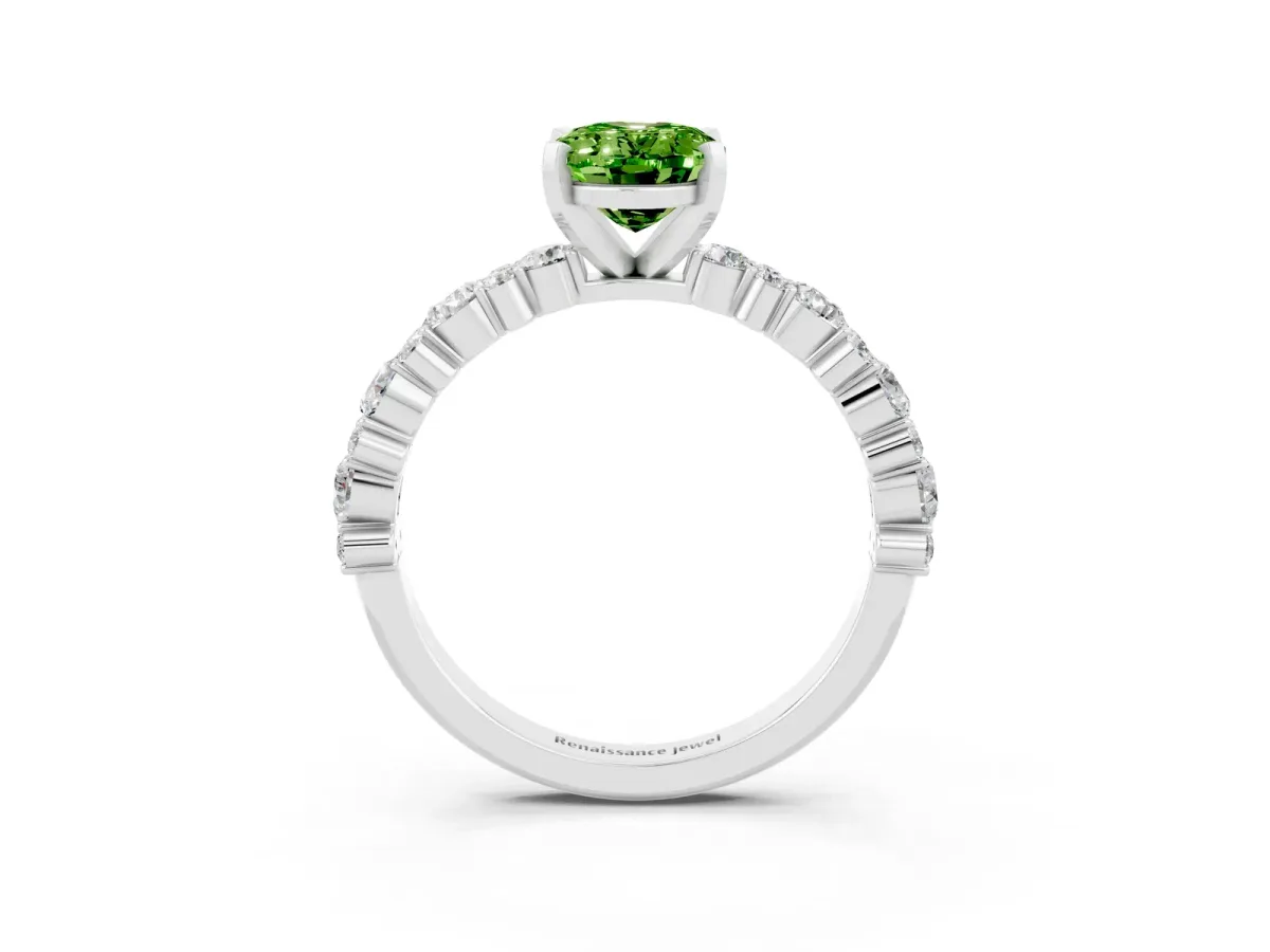 Oval Cut Peridot Side Stone Solitaire Ring with Round and Four-Prong Setting White gold