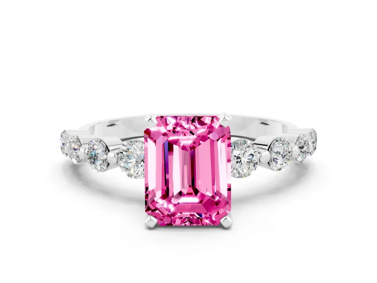 Emerald Cut Solitaire Pink Sapphire Ring with Pave Band and Four-Prong Setting Silver