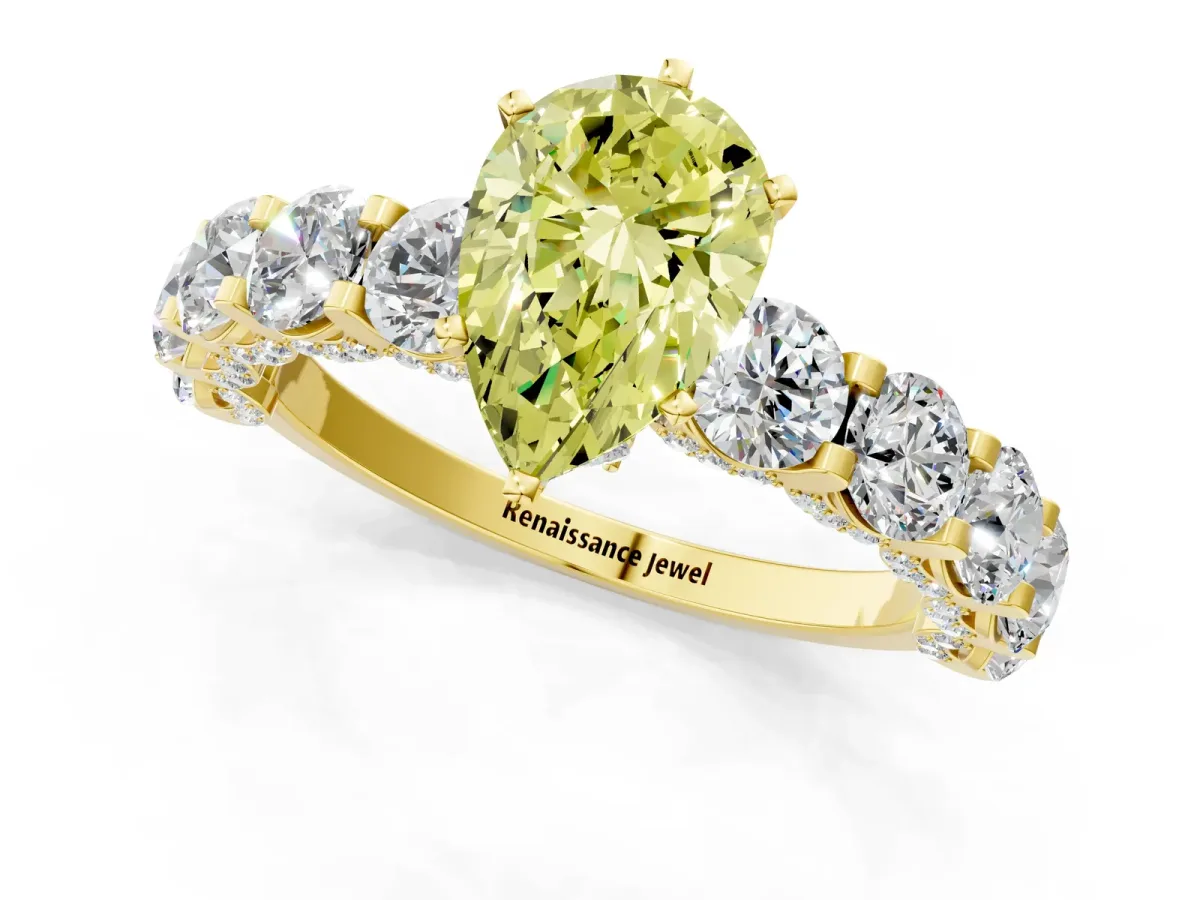 Fancy Yellow Pear Cut Diamond Side Stone Engagement Ring with Four-Prong Setting Yellow gold