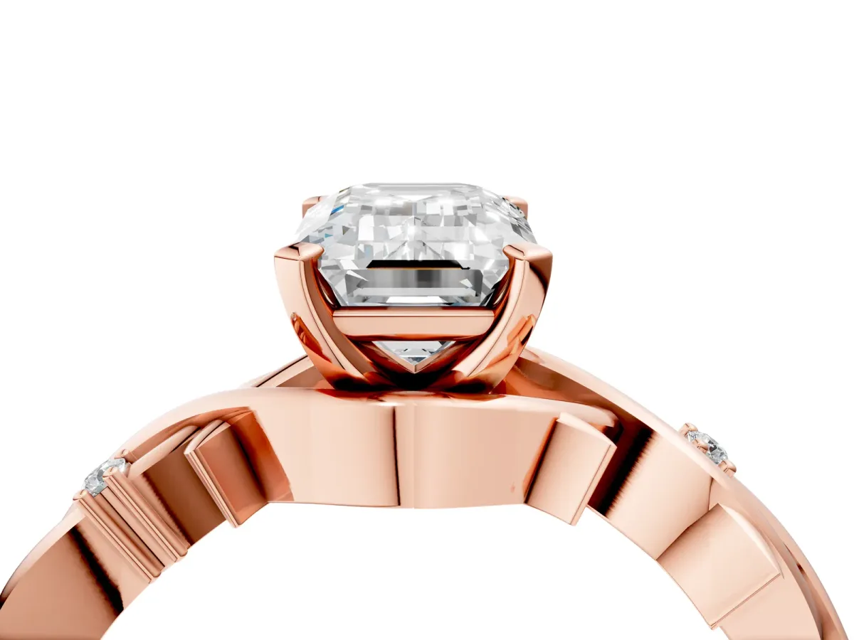 Emerald Cut Diamond Solitaire Ring with Twisted Band and Prong Setting Rose gold