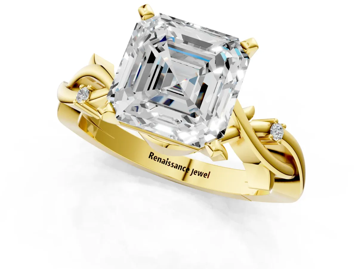 Asscher Cut Diamond Solitaire Ring with Twisted Band and Prong Setting Yellow gold