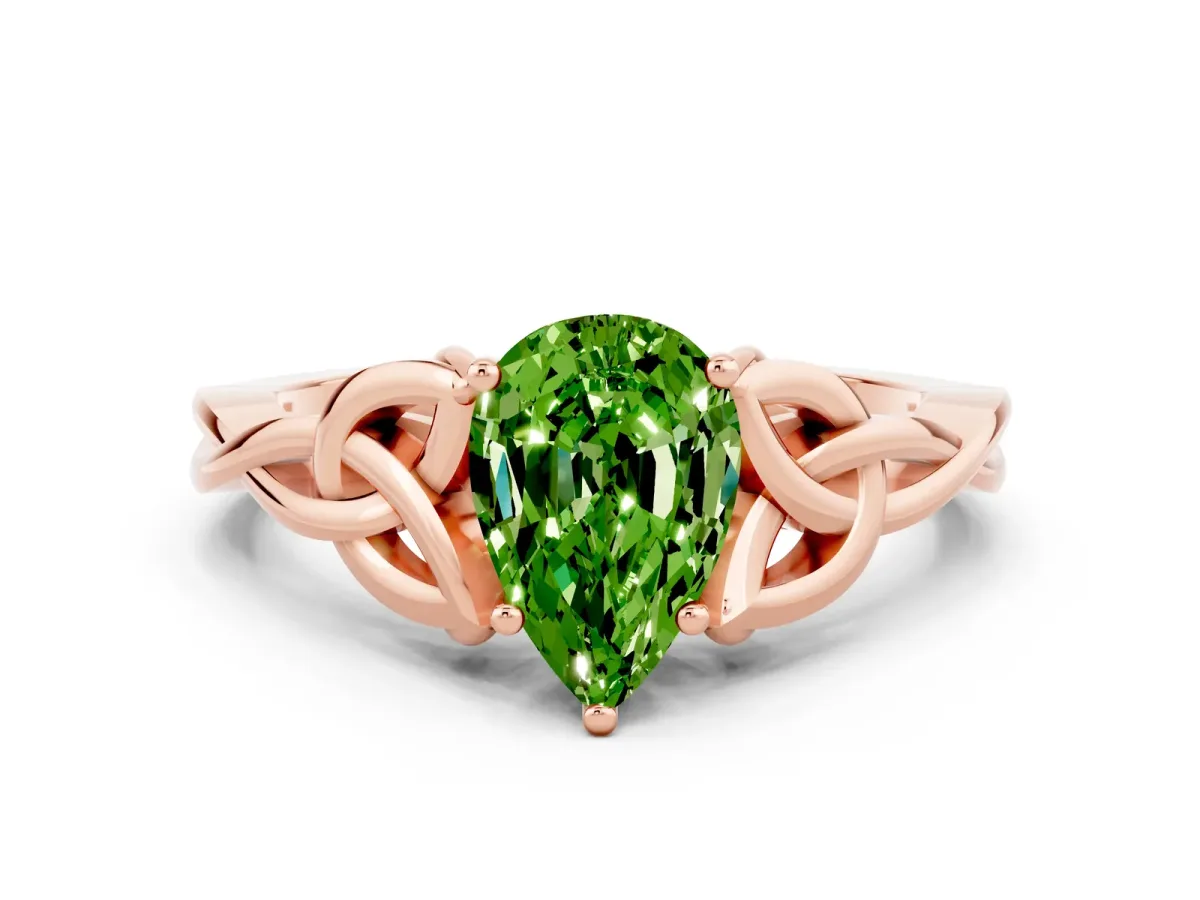 Pear Cut Peridot Solitaire Celtic Knot Ring with Four-Prong Setting Rose gold