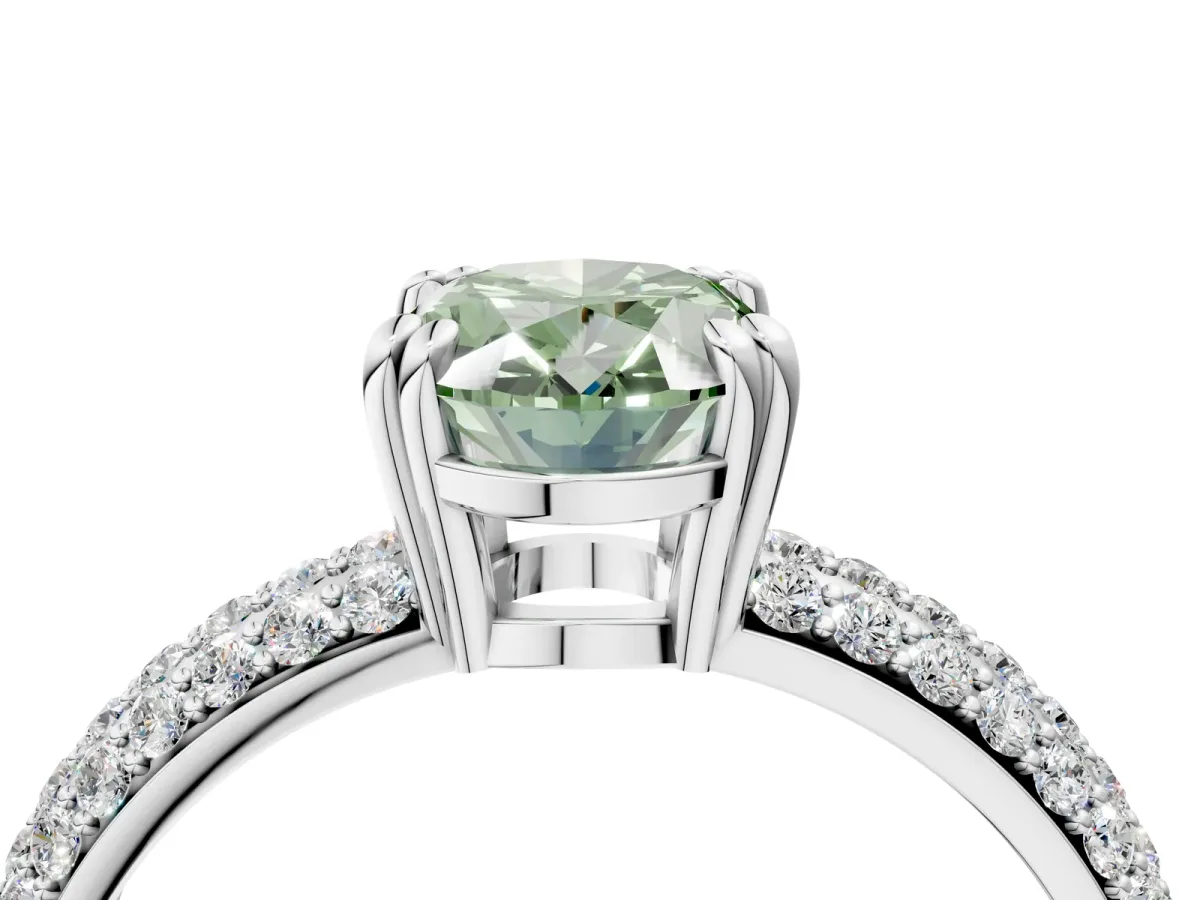 Fancy Green Oval Cut Diamond Solitaire Ring with Multi-Row Round Pavé Band and Prong Setting White gold