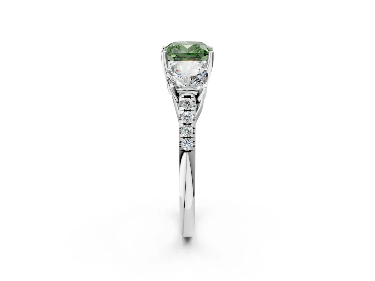 Fancy Green Three-Stone Cushion Cut Diamond Ring with Round Pavé Band and Prong Setting Silver