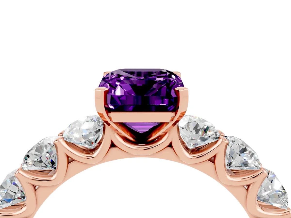 Emerald Cut Amethyst Prong Setting with Side Stones on a Pave Band Rose gold