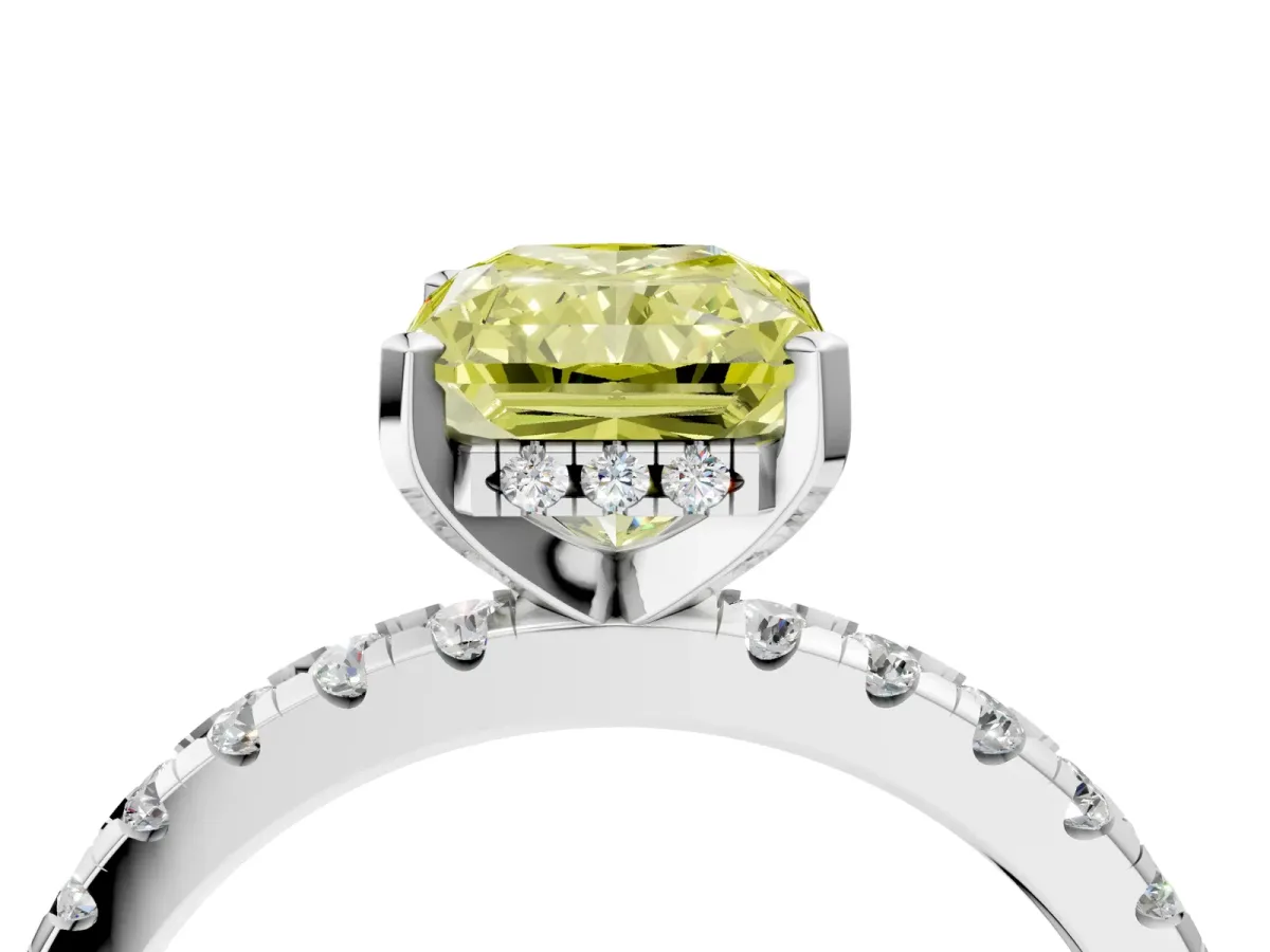 Fancy Yellow Radiant Cut Diamond Solitaire Ring with Round Pavé Band and Four-Prong Setting Silver
