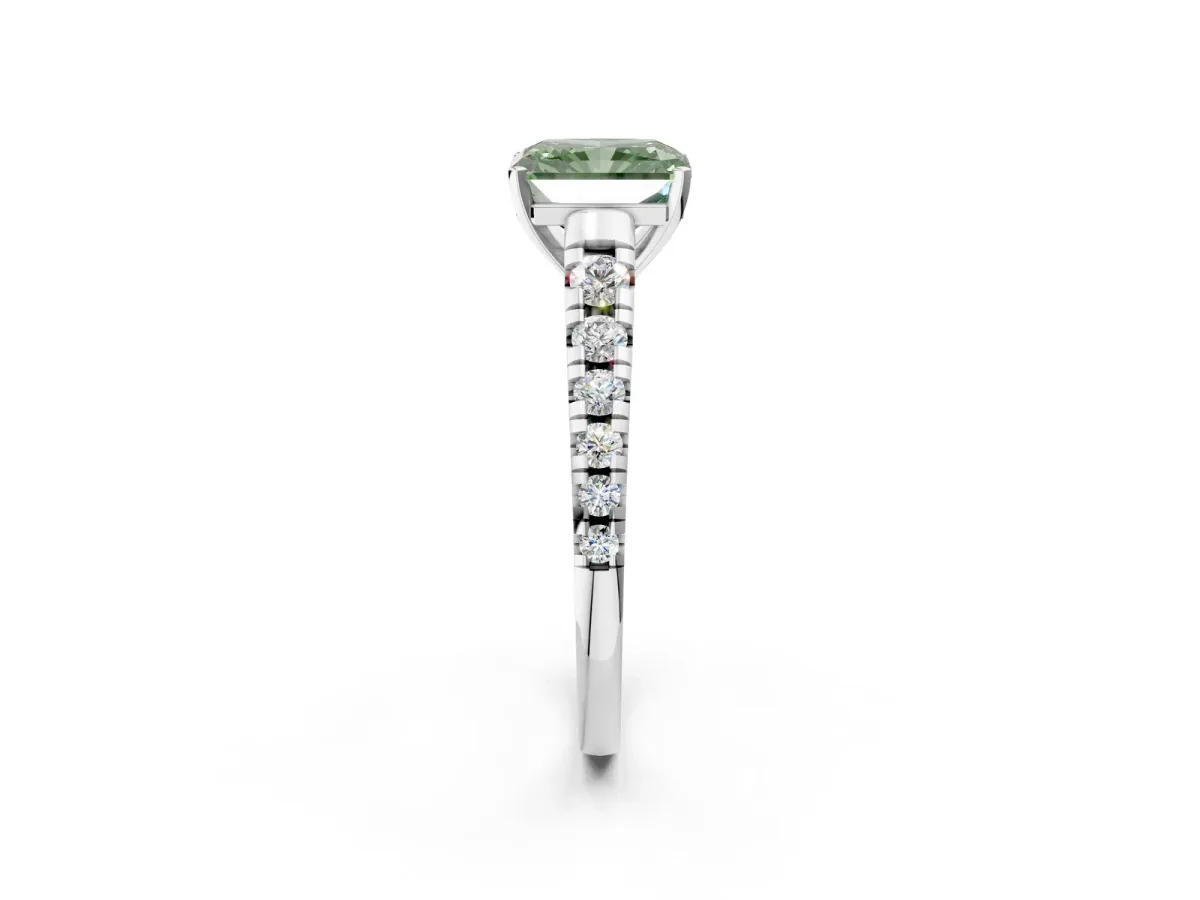 Fancy Green Radiant Cut Diamond Cathedral Solitaire Ring with Round Pavé Band Silver