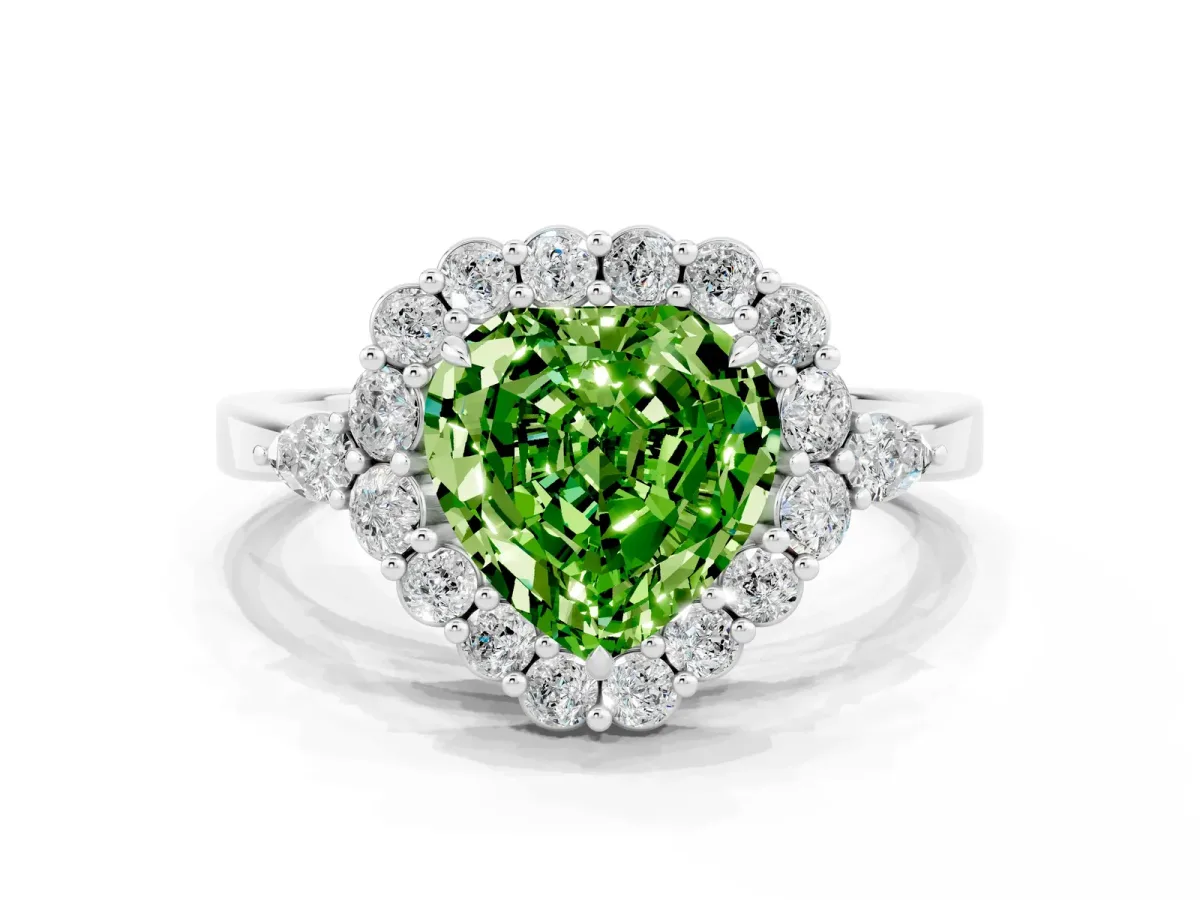 Heart Cut Peridot Halo Ring with Pear Side Stones and Prong Setting Silver