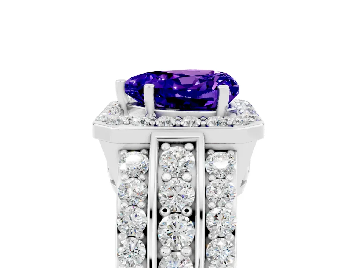 Heart Cut Halo Tanzanite Ring with Round Split Shank and Prong Setting Platinum
