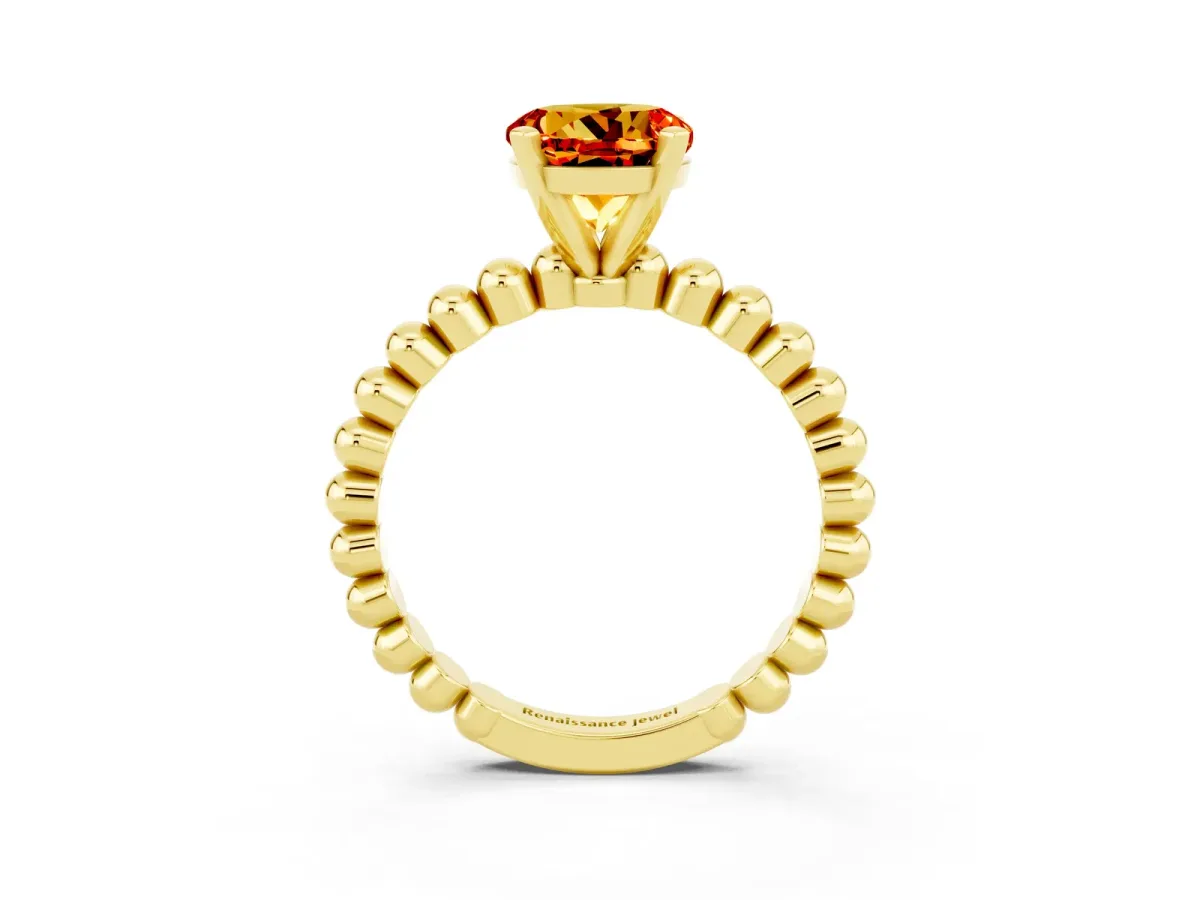 Round Cut Citrine Solitaire Ring with Beaded Band and Prong Setting Yellow gold