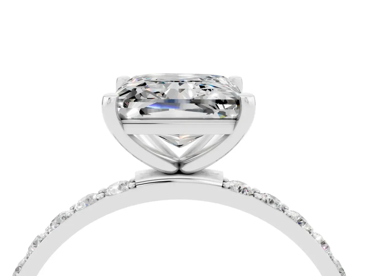 Princess Cut Moissanite Solitaire Ring with Round Pavé Band and Prong Setting Silver