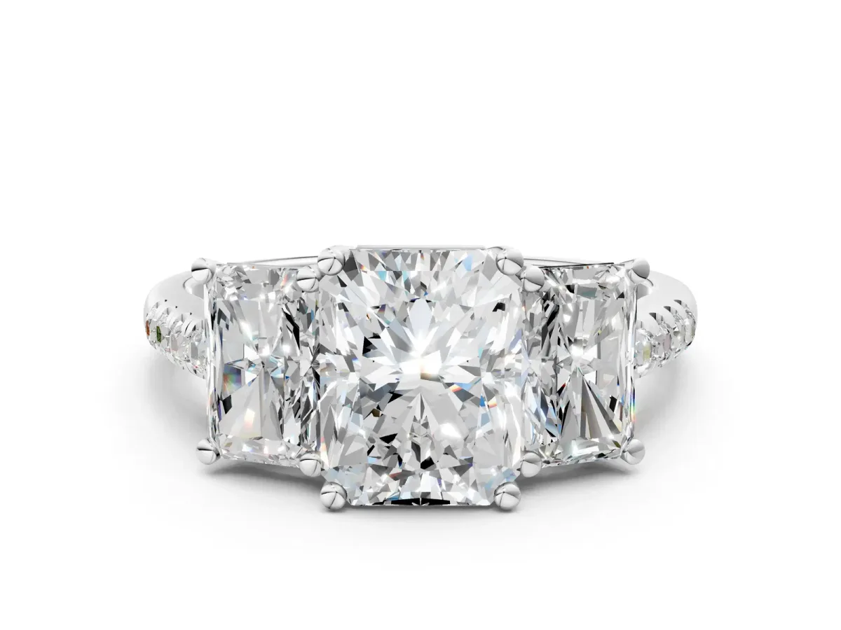 Three-Stone Radiant Cut Diamond Ring with Round Moissanite Pavé Band and Prong Setting Silver