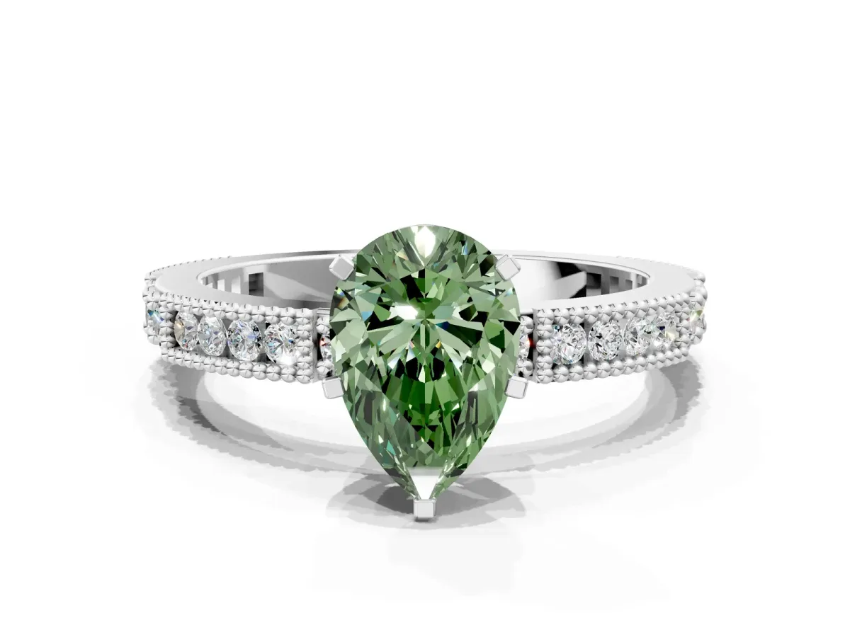 Fancy Green Pear Cut Solitaire with Pavé Band and Four-Prong Setting Platinum
