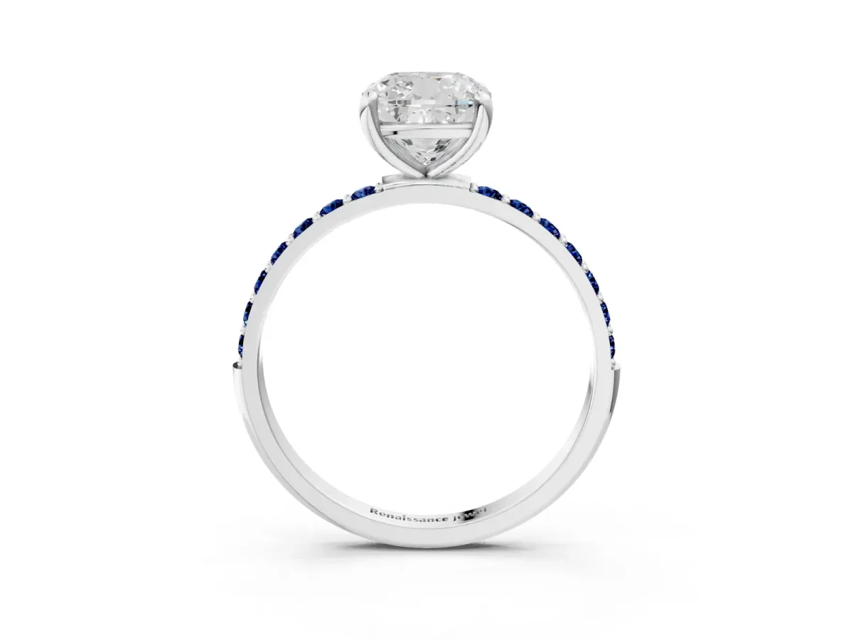 Cushion Cut Diamond Solitaire Ring with Round Blue Sapphire Pavé Band and Prong Setting Silver