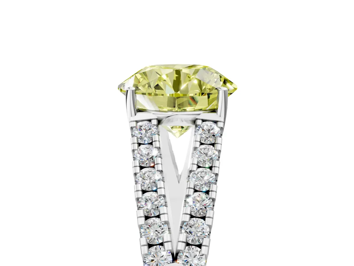 Fancy Yellow Round Cut Diamond Split Shank Engagement Ring with Round Pavé and Prong Setting Platinum