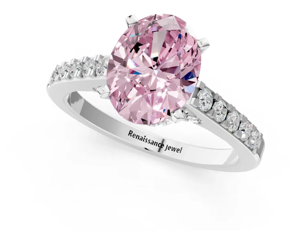 Fancy Pink Oval Cut Diamond Solitaire Ring with Crossover Gallery and Round Pavé Band Silver