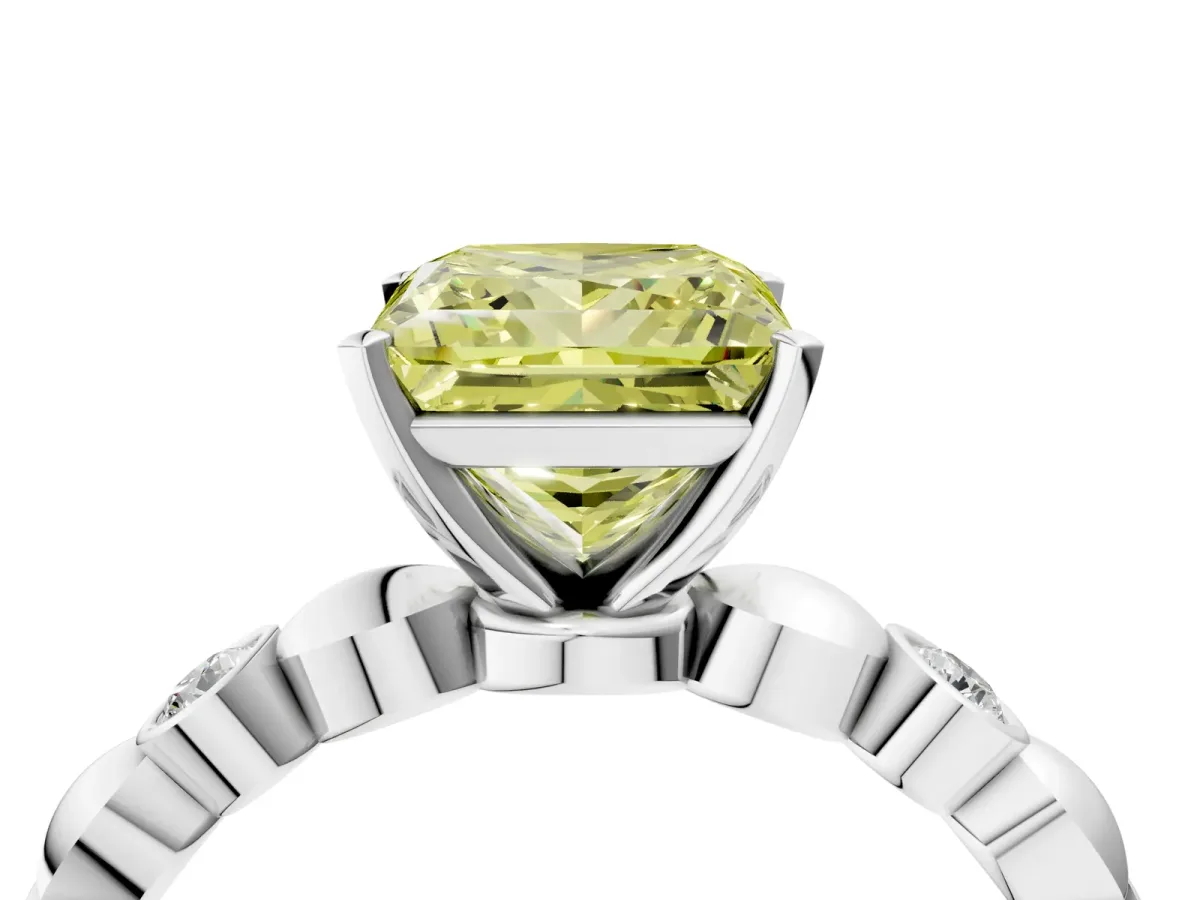 Fancy Yellow Princess Cut Solitaire Bezel-Set Diamond Ring with Beaded Band and Four-Prong Setting Silver