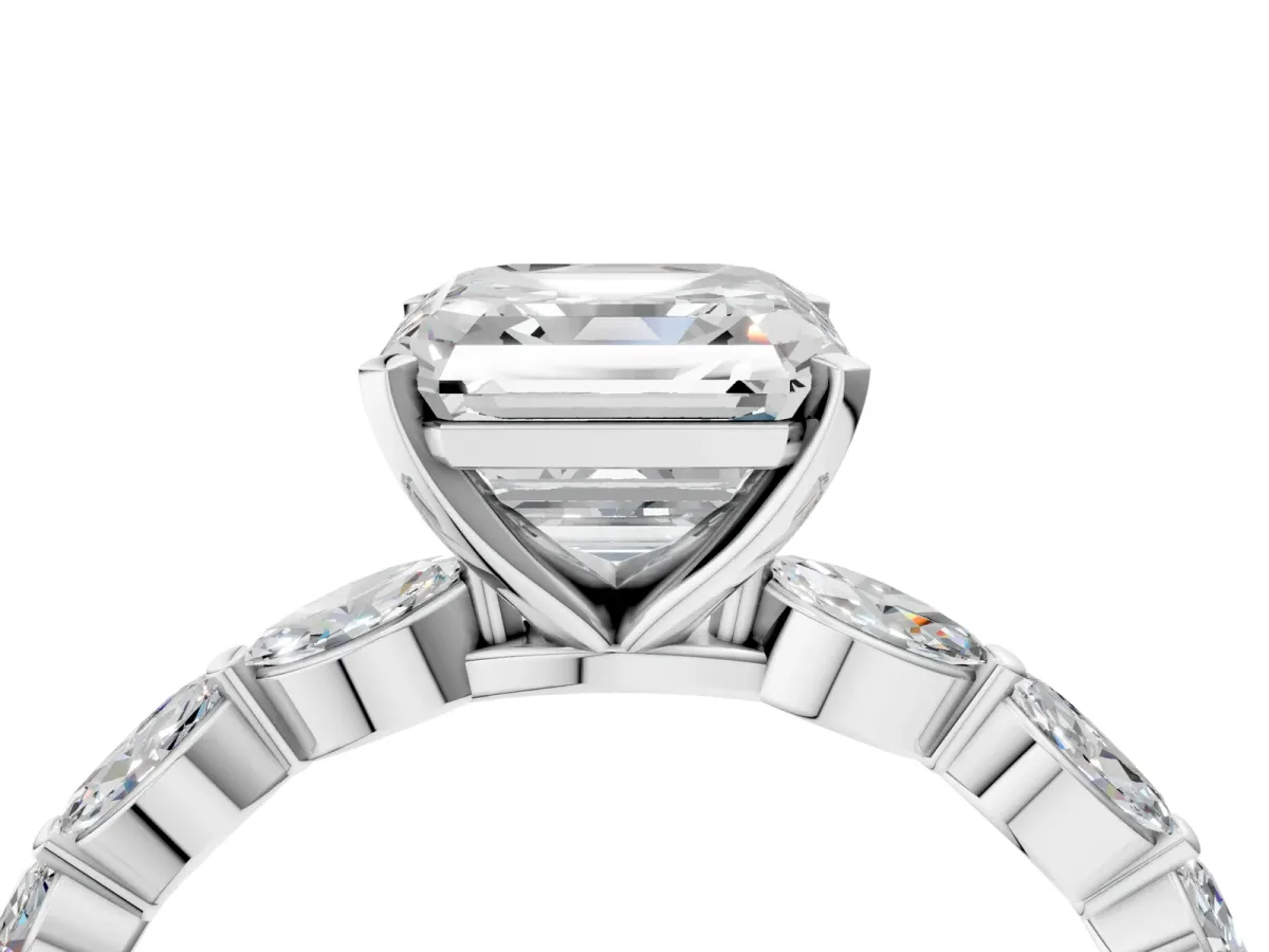 Asscher Cut Diamond Ring with Marquise Side Stones and Prong Setting Platinum