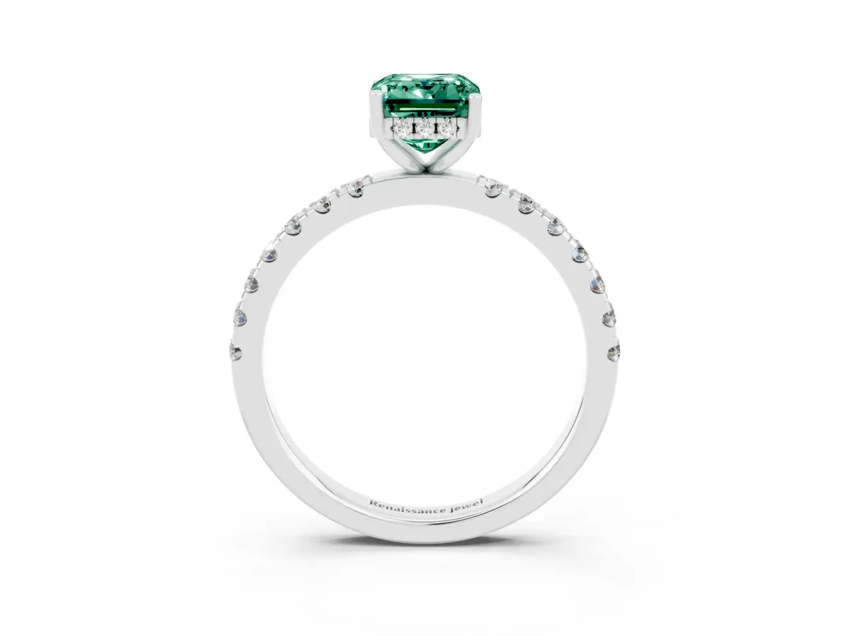 Emerald Cut Green Sapphire Pave Band Solitaire Ring with Round and Prong Setting Platinum