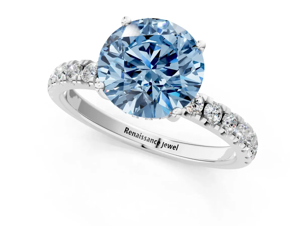 Fancy Blue Round Cut Diamond Pave Band Solitaire Ring with Round and Prong Setting Platinum