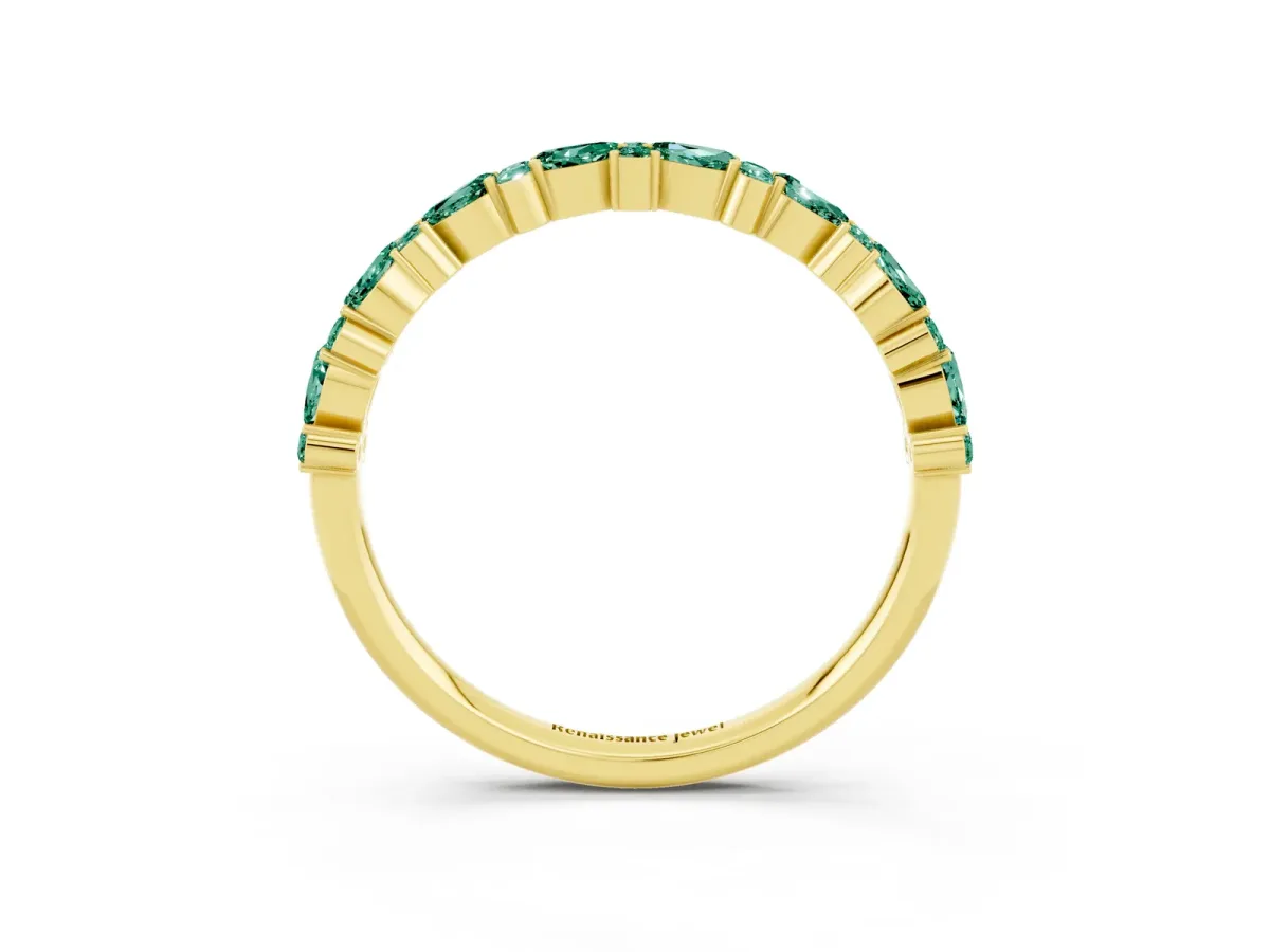Pear and Round Green Sapphire Wedding Band Yellow gold
