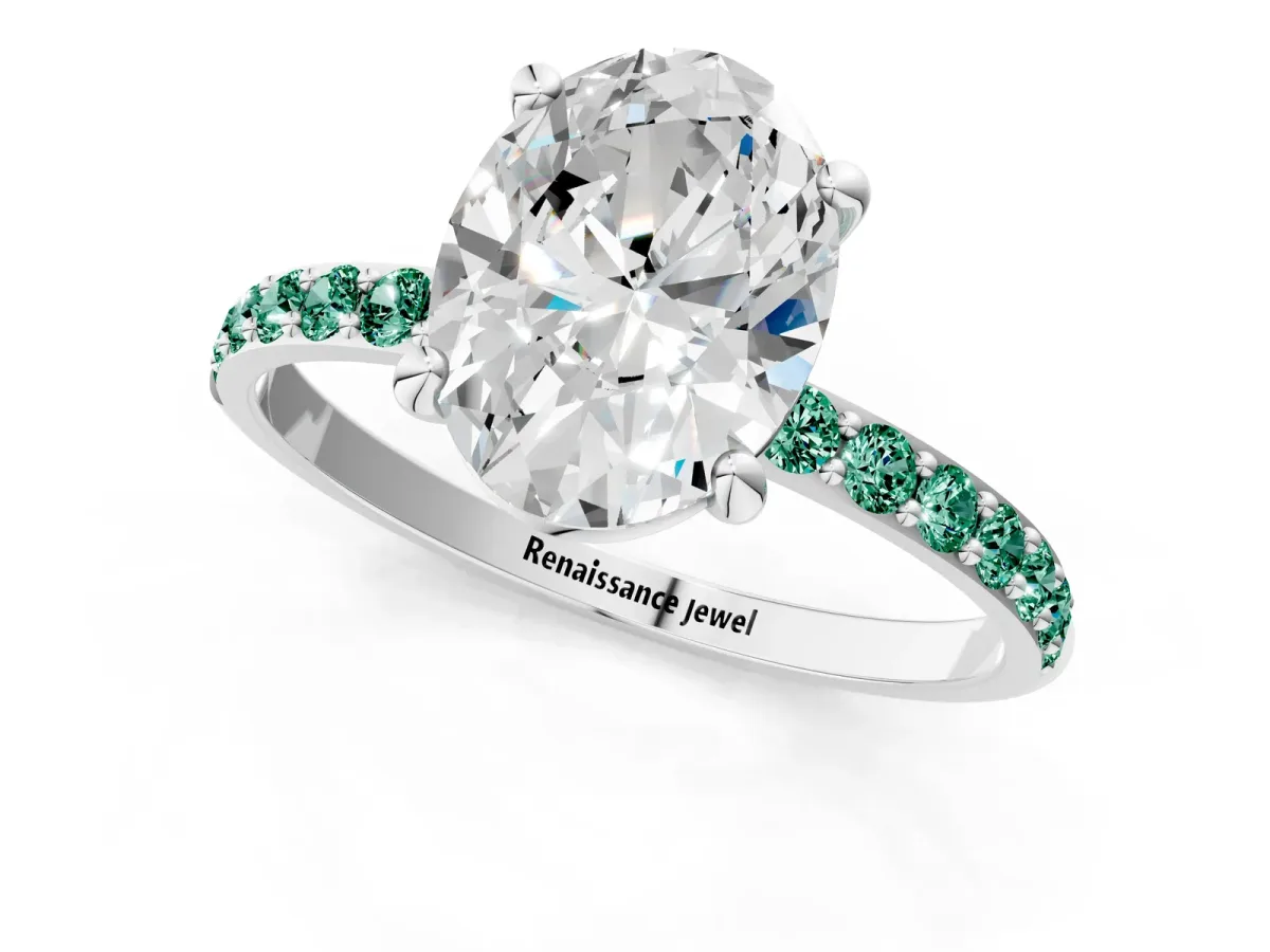 Oval Cut Diamond Solitaire Ring with Round Green Sapphire Pavé Band and Prong Setting Silver