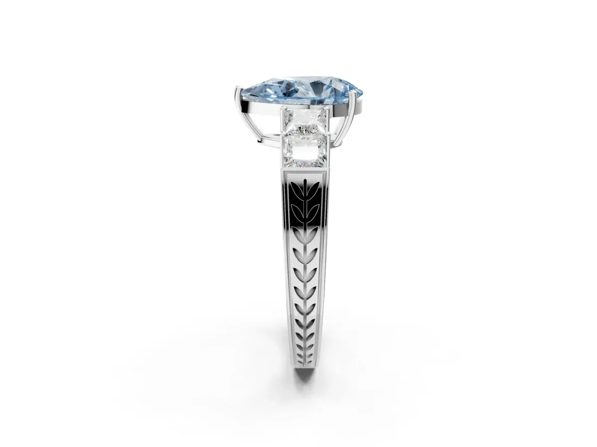 Fancy Blue Pear Cut Solitaire Princess Side Stone Engraved Band Prong Setting Ring Silver