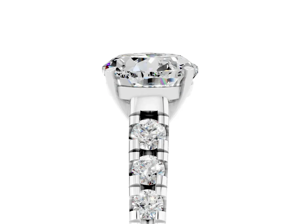 Round Cut Moissanite Cathedral Solitaire Ring with Round Pavé Band Silver