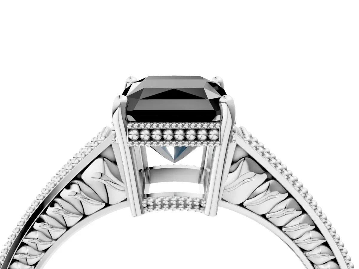 Fancy Black Radiant Cut Cut Diamond Milgrain Pave Band Four-Prong Setting Ring Platinum