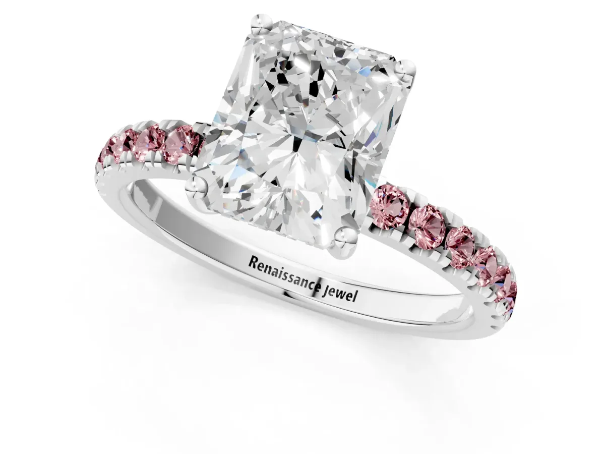 Radiant Cut Diamond Pave Band Solitaire Ring with Round Morganite and Prong Setting Silver