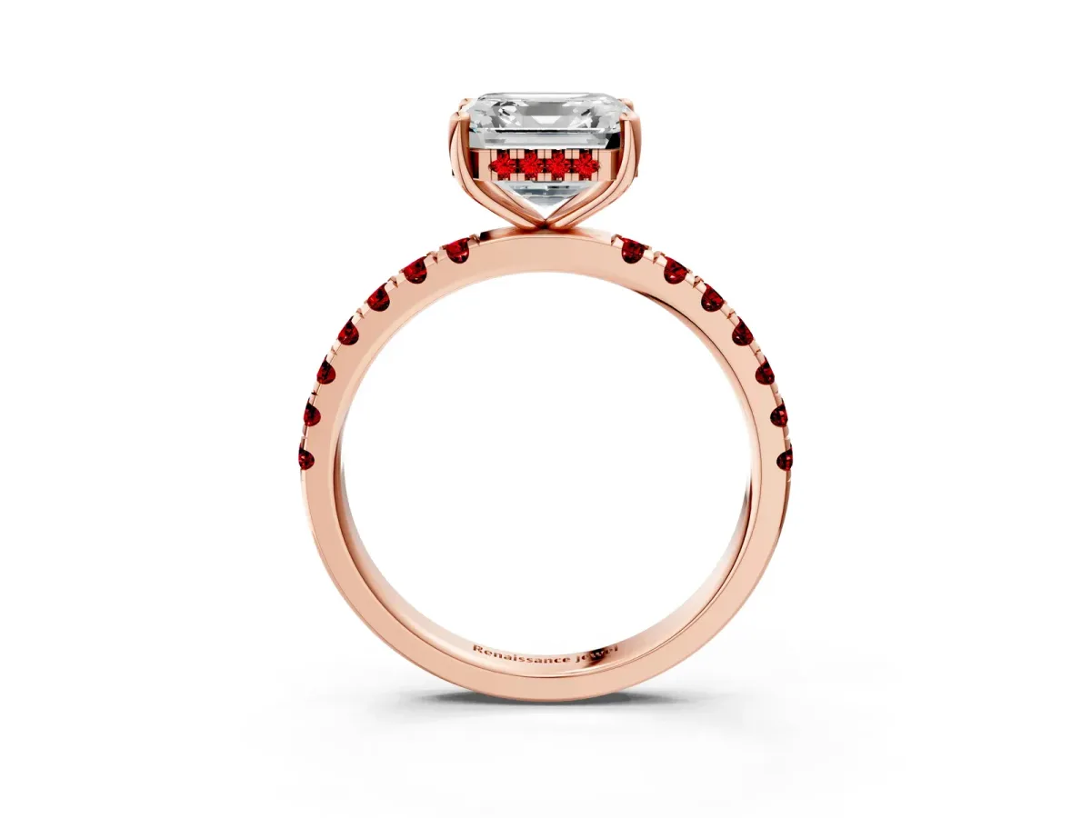 Asscher Cut Diamond Pave Band Solitaire Ring with Round Ruby and Prong Setting Rose gold