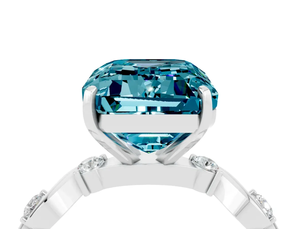 Emerald Cut Blue Topaz Solitaire Twisted Band with Round Accents and Prong Setting Silver