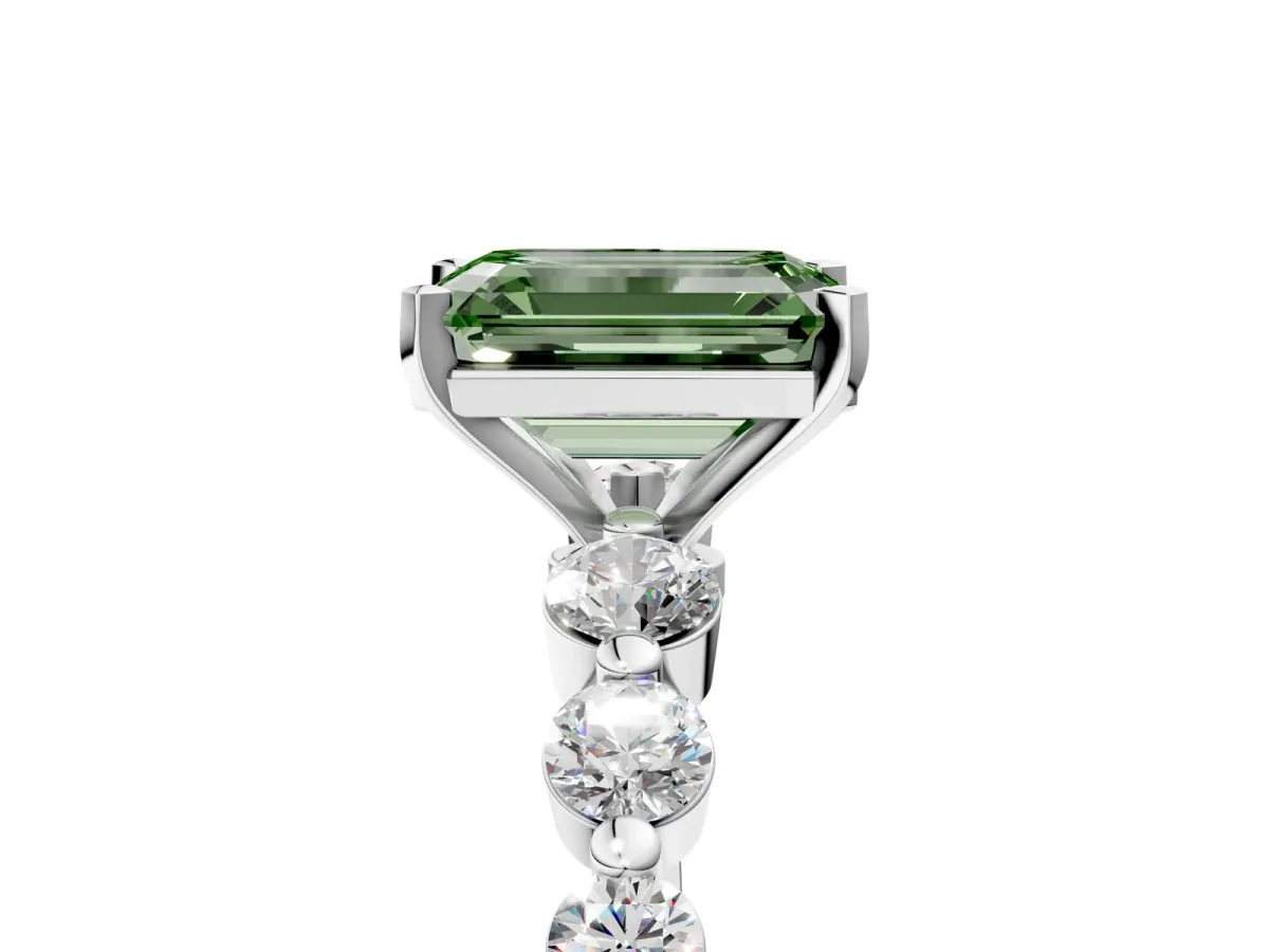 Fancy Green Emerald Cut Solitaire Diamond Ring with Pave Band and Four-Prong Setting Silver