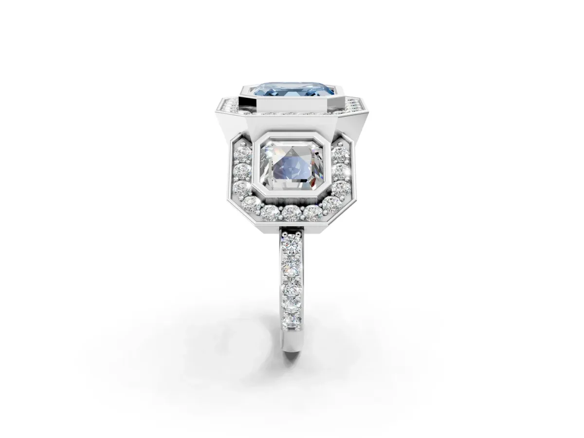 Fancy Blue Three-Stone Asscher Cut Halo Pavé Diamond Ring Platinum