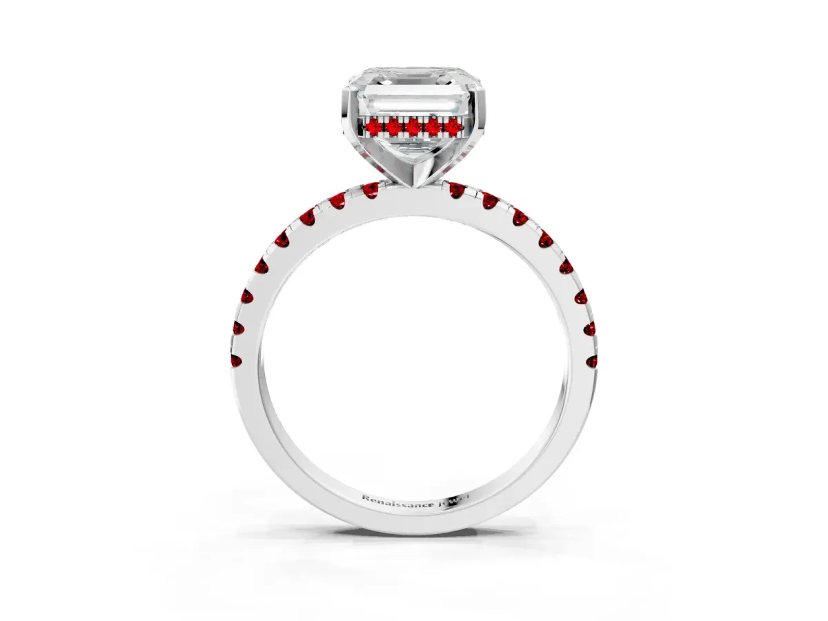 Asscher Cut Diamond Solitaire Ring with Round Ruby Pavé Band and Four-Prong Setting Silver