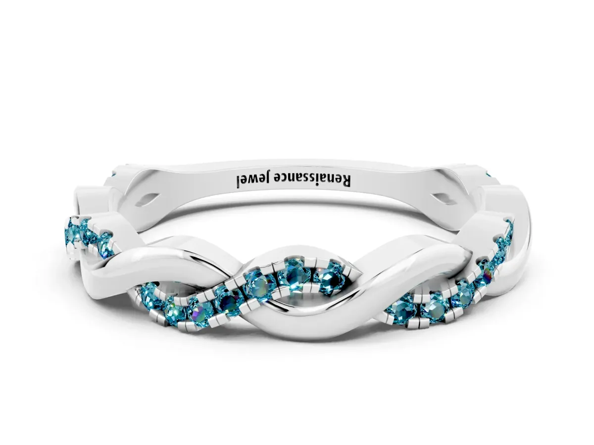 Round Blue Topaz Twist Eternity Band with Pavé Setting Platinum