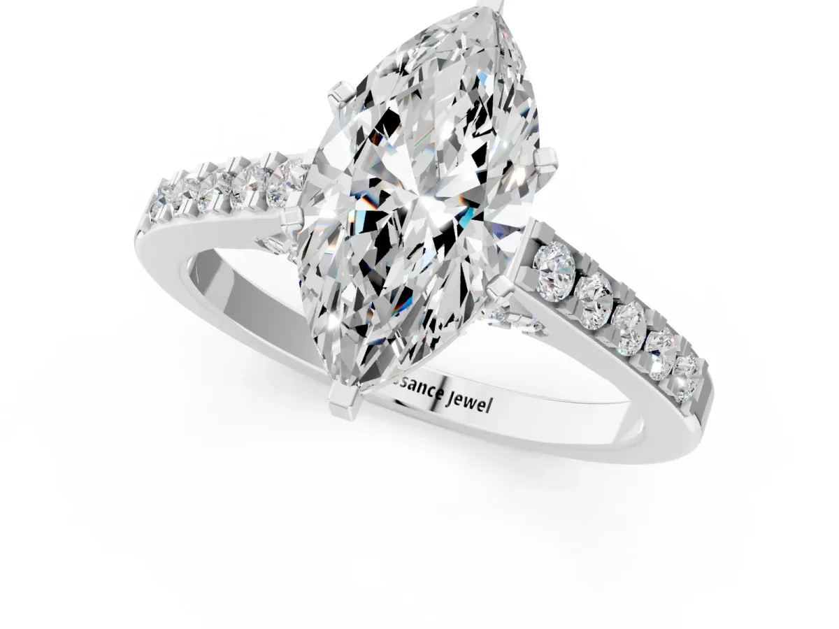 Marquise Cut Diamond Solitaire Ring with Crossover Gallery and Round Pavé Band Silver