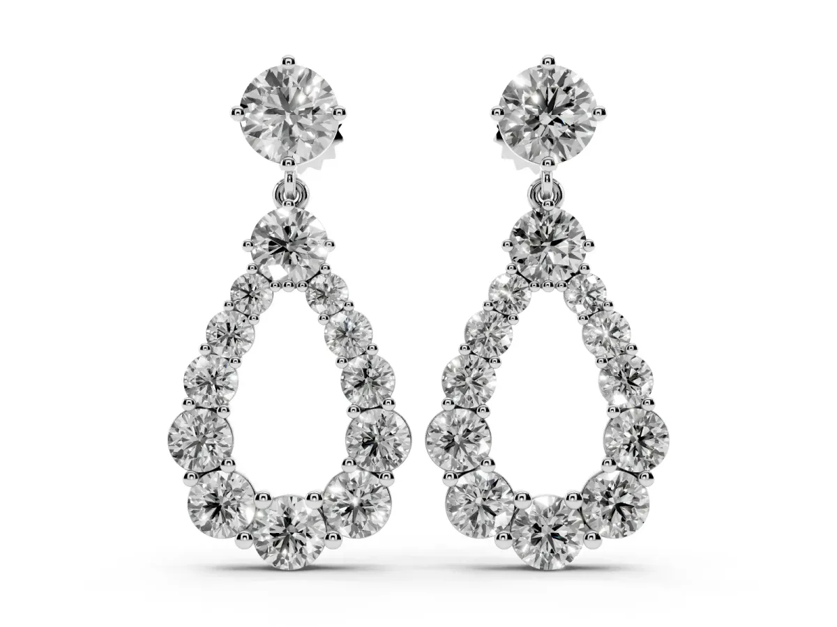 Round Cut Diamond Graduated Shared Prong Drop Earrings White gold