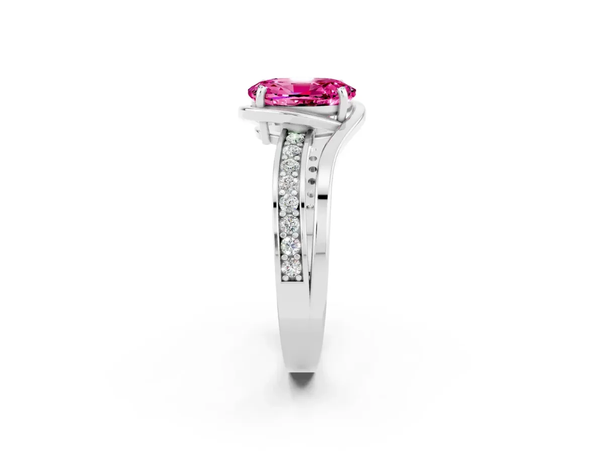 Oval Cut Pink Sapphire Solitaire Ring with Split Shank and Prong Setting White gold