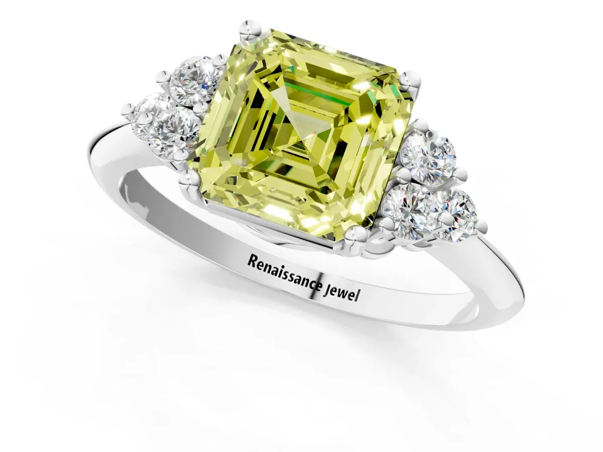 Fancy Yellow Asscher Cut Cut Diamond Cluster Ring with Solitaire Band and Four-Prong Setting Platinum