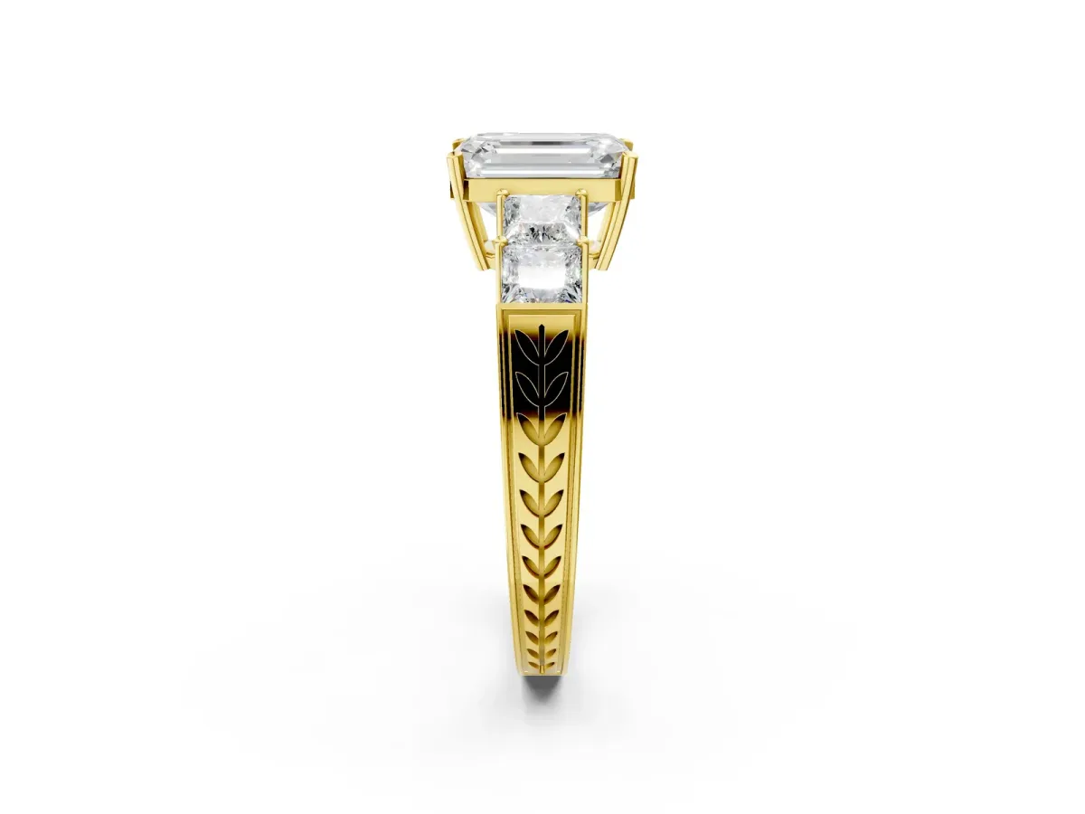 Emerald Cut Solitaire Princess Side Stone Engraved Band Prong Setting Ring Yellow gold