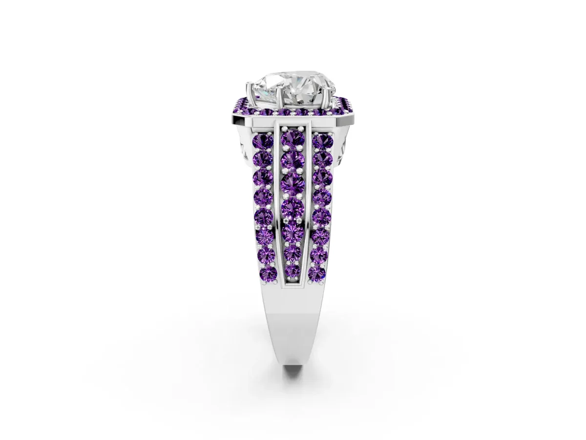 Heart Cut Halo Diamond Ring with Round Amethyst Split Shank and Prong Setting Platinum