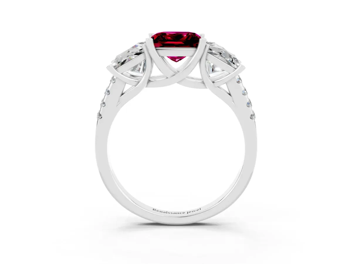 Three-Stone Princess Cut Garnet Ring with Round Pavé Band and Prong Setting Silver