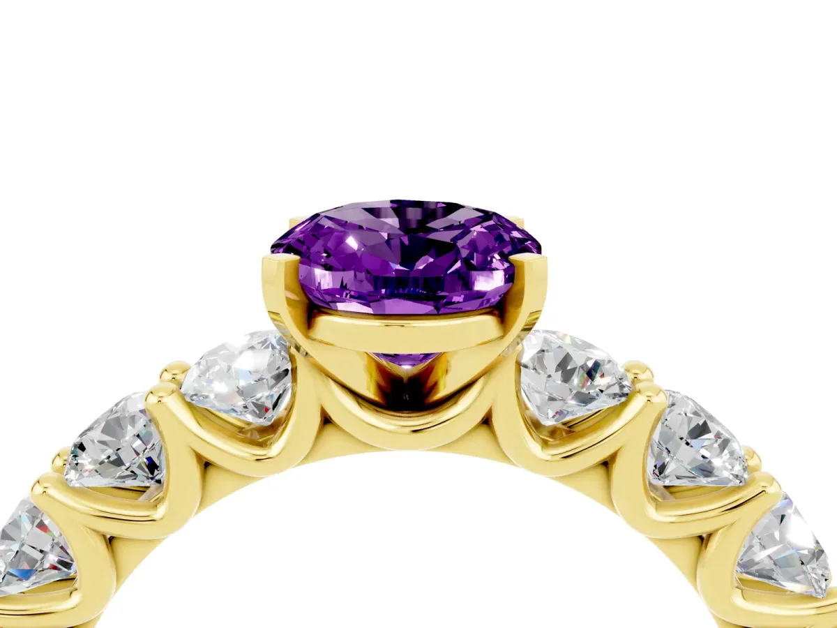 Oval Cut Amethyst Prong Setting with Side Stones on a Pave Band Yellow gold