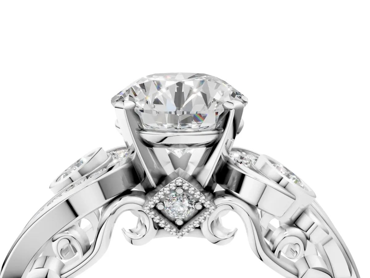 Round Cut Diamond Solitaire Ring with Milgrain Pavé Band and Four-Prong Setting Silver