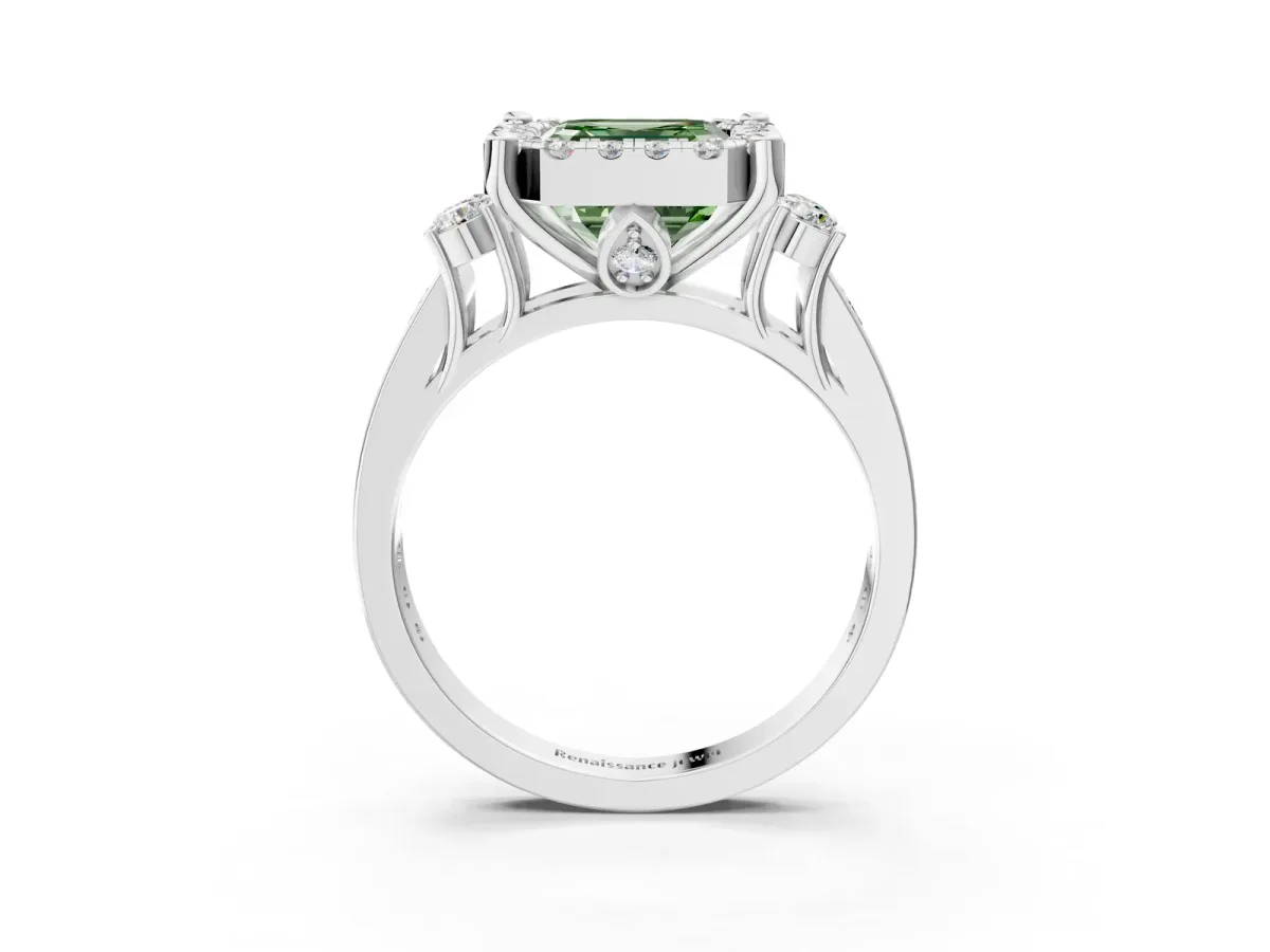 Fancy Green Asscher Cut Halo Diamond Engagement Ring with Split Shank and Four-Prong Setting Platinum